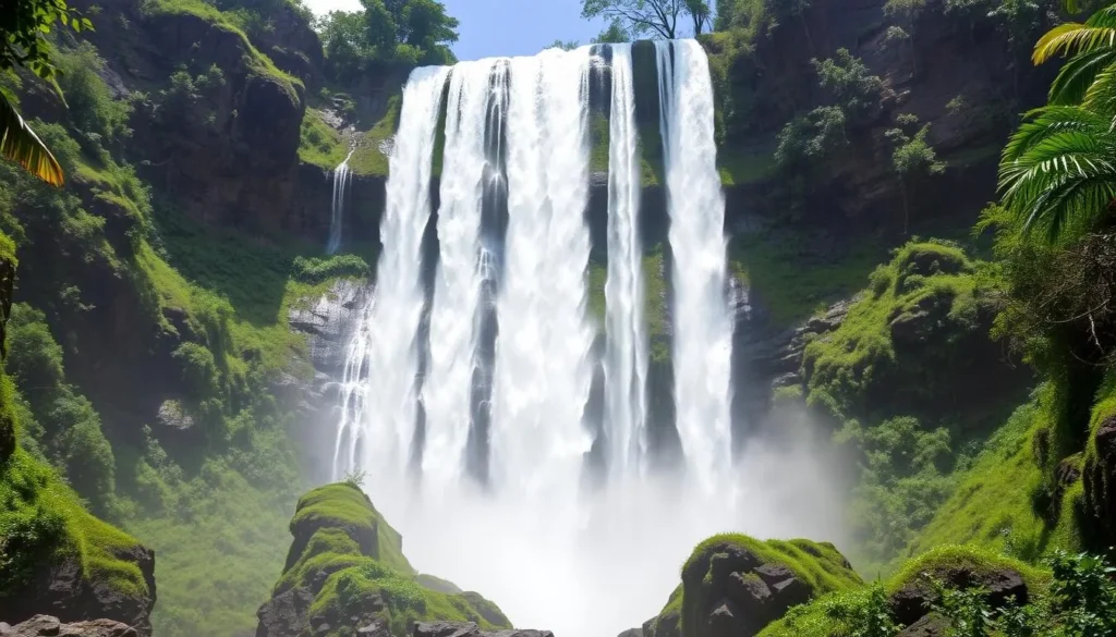 Sipi Falls cascading down with lush green vegetation surrounding it
