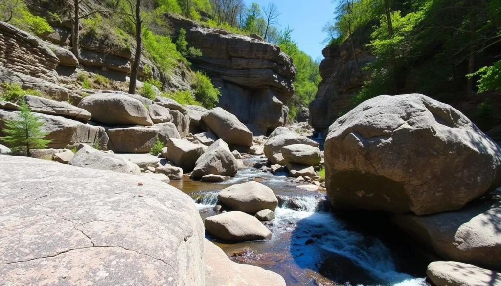 Slippery Rock Gorge showing dramatic rock formations and flowing creek surrounded by forest at McConnells Mill State Park Slippery Rock Gorge showing dramatic rock formations and flowing creek surrounded by forest at McConnells Mill State Park