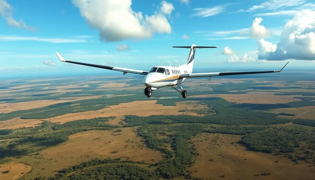 Small aircraft landing at Lethem Airport with Rupununi Savannahs landscape in the background