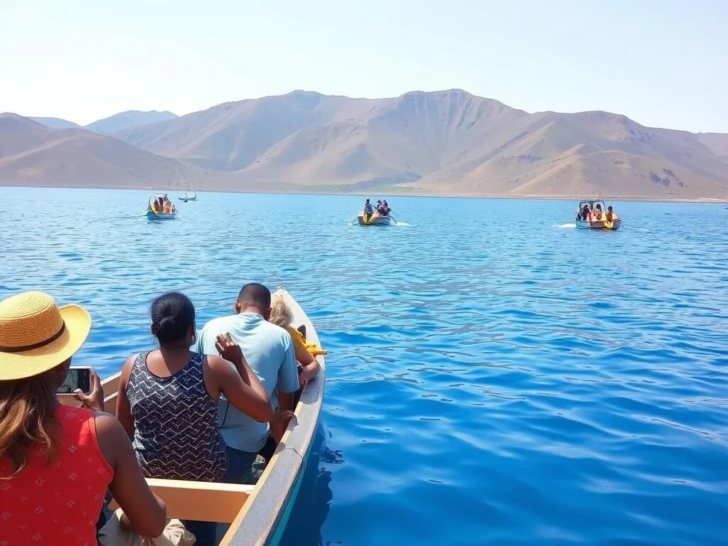 Small boat with tourists exploring the deep blue waters of Lake Shala Small boat with tourists exploring the deep blue waters of Lake Shala
