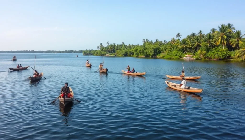 Small boats on Mashabo Lake with people fishing using traditional methods