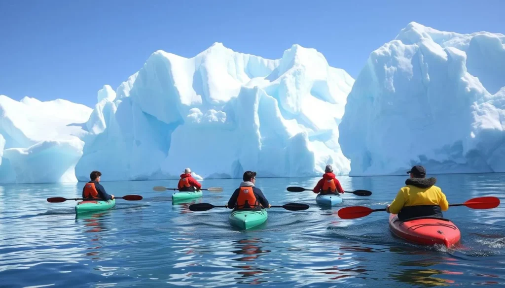 Small group kayaking among icebergs in Arctic waters