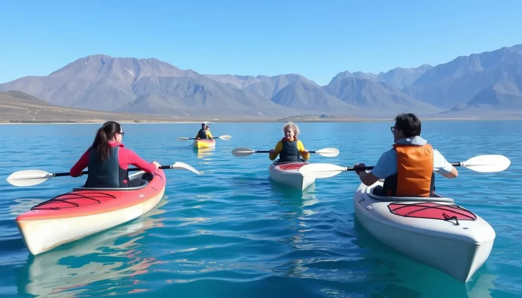Small group kayaking on Lake Verkhne-Olkhonskoye with volcanic mountains in background Small group kayaking on Lake Verkhne-Olkhonskoye with volcanic mountains in background