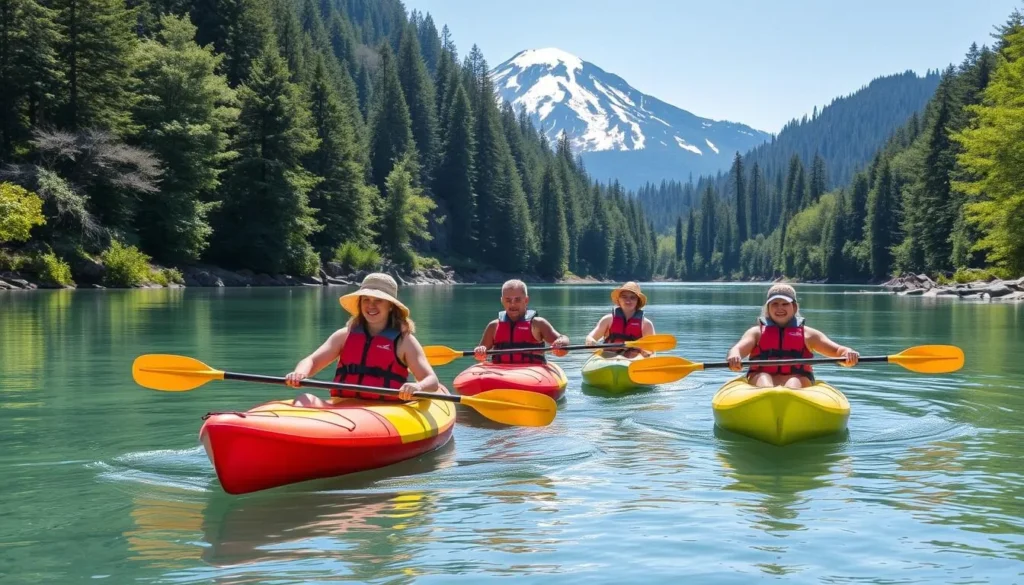 Small group kayaking on a calm river near Mount Shiriri with lush forest on both banks