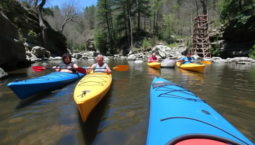 Small group of diverse kayakers navigating a calm section of Slippery Rock Creek at McConnells Mill State Park Small group of diverse kayakers navigating a calm section of Slippery Rock Creek at McConnells Mill State Park