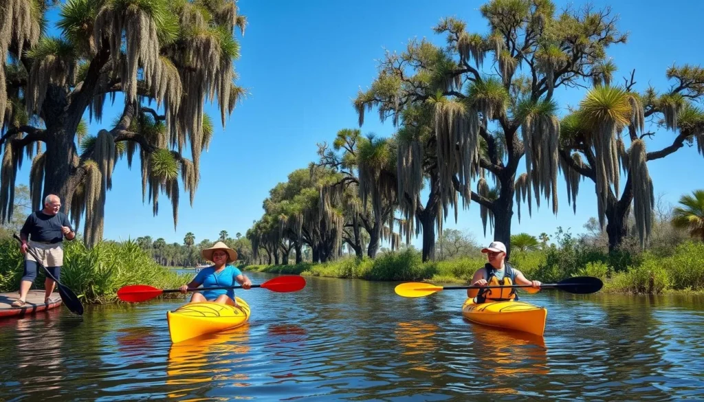 Small group of kayakers exploring a peaceful bayou in Barataria Preserve Small group of kayakers exploring a peaceful bayou in Barataria Preserve