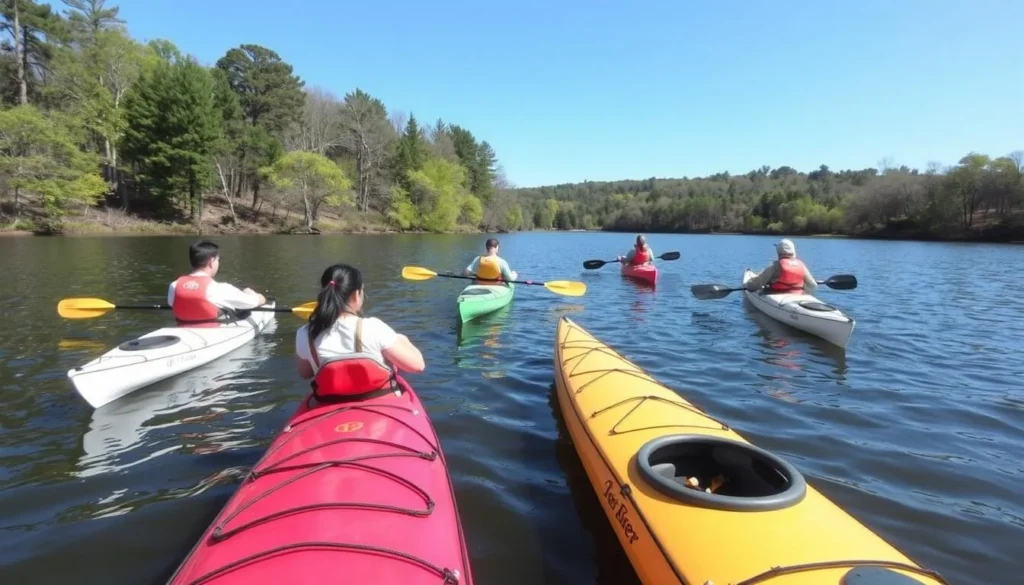 Small group of kayakers exploring one of the lakes at Jim Edgar Panther Creek State Fish and Wildlife Area Small group of kayakers exploring one of the lakes at Jim Edgar Panther Creek State Fish and Wildlife Area