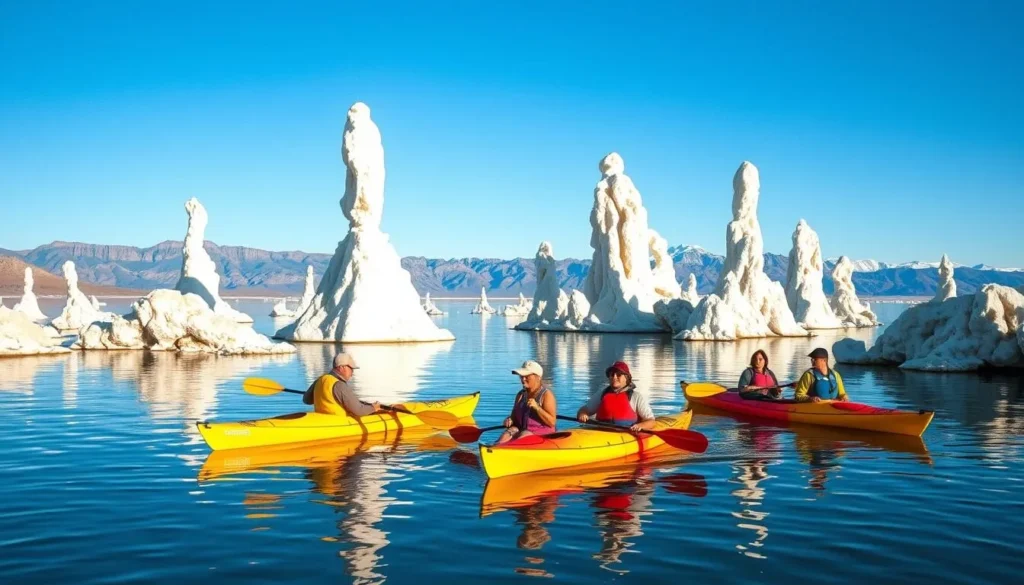 Small group of kayakers exploring the tufa formations at Mono Lake Small group of kayakers exploring the tufa formations at Mono Lake