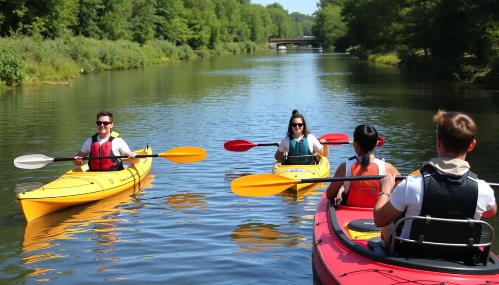 Small group of kayakers paddling along the calm waters of Hennepin Canal with lush greenery on both sides Small group of kayakers paddling along the calm waters of Hennepin Canal with lush greenery on both sides