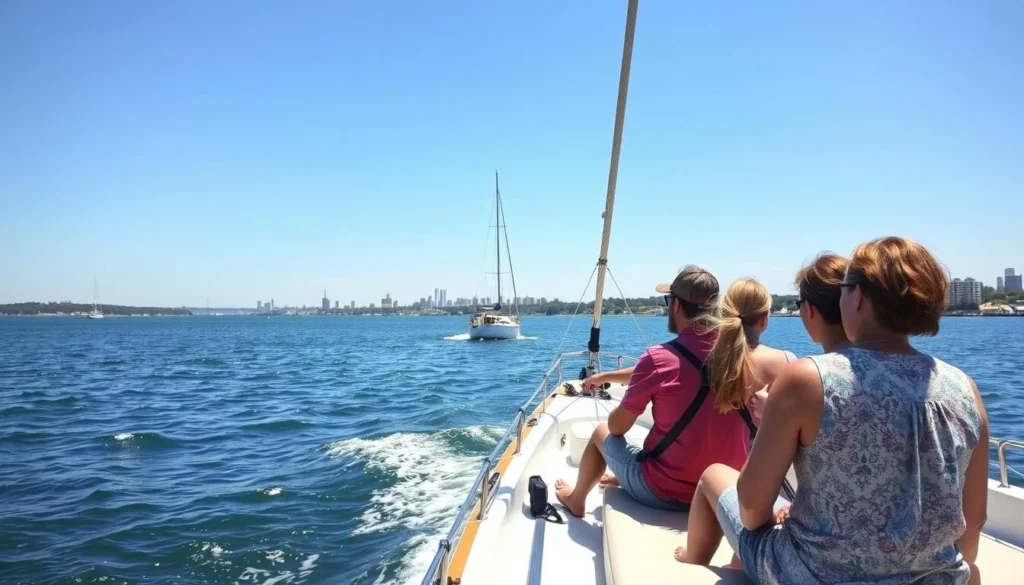 Small group of people sailing on the Volga River near Tolyatti on a clear summer day