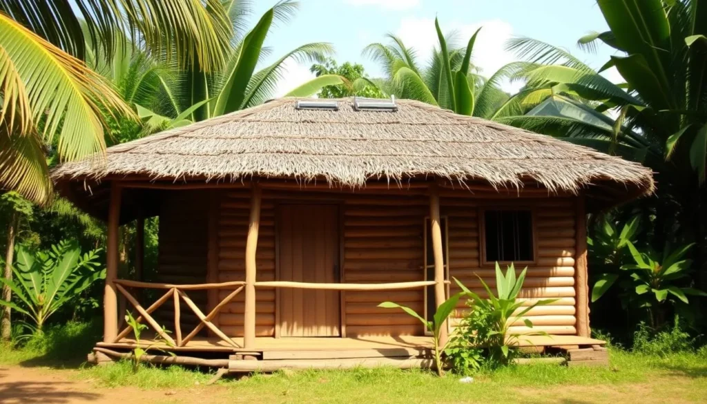 Small guest house in Mashabo Village with traditional design surrounded by tropical vegetation