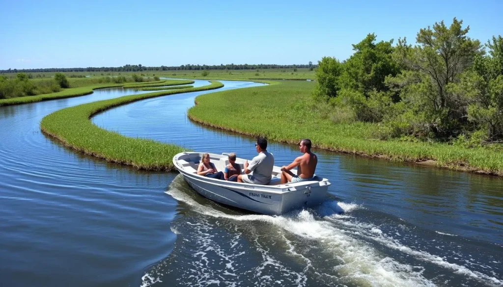 Small motorboat navigating through Franks Tract waterways with passengers enjoying the scenery Small motorboat navigating through Franks Tract waterways with passengers enjoying the scenery
