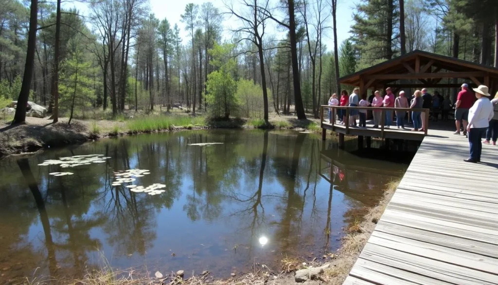 Small pond in Nolde Forest with a wooden observation dock and surrounding trees Small pond in Nolde Forest with a wooden observation dock and surrounding trees