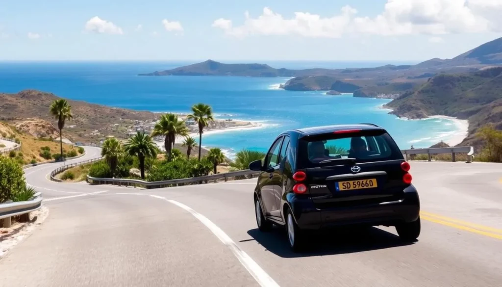 Small rental car navigating the winding roads of St. Barts near Shell Beach