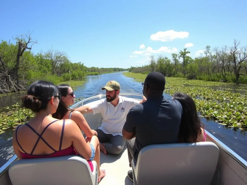 Small tour boat navigating through Bayou Bienvenue Triangle waterways with diverse tourists onboard