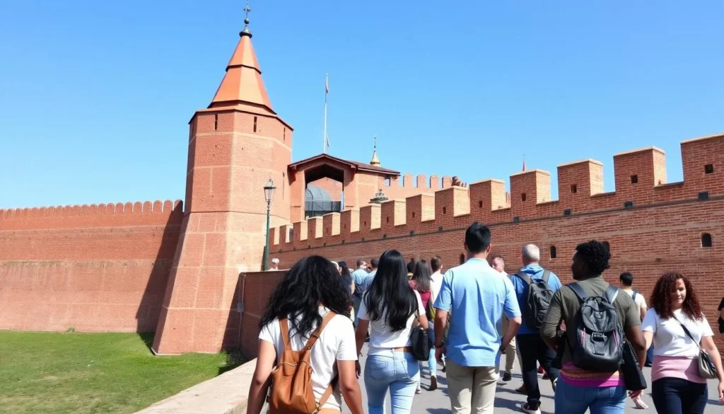 Smolensk fortress wall with diverse tourists walking along it