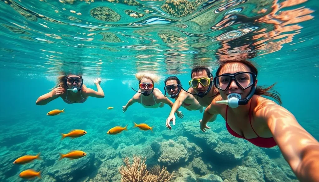 Snorkelers enjoying the clear waters and coral reefs near Cotton Ground, Nevis Snorkelers enjoying the clear waters and coral reefs near Cotton Ground, Nevis