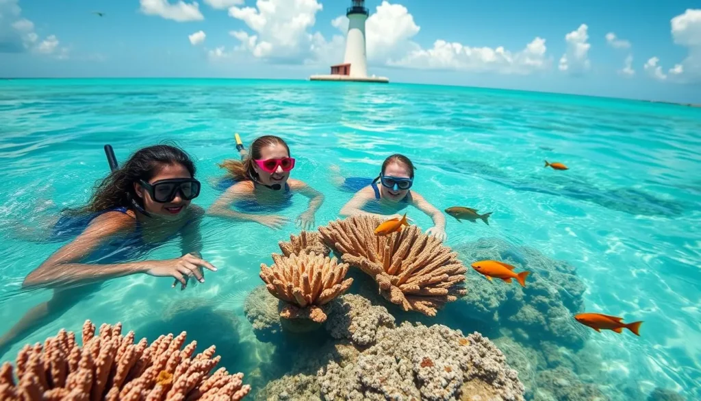 Snorkelers exploring coral reef near Alligator Reef Lighthouse off Upper Matecumbe Key Snorkelers exploring coral reef near Alligator Reef Lighthouse off Upper Matecumbe Key