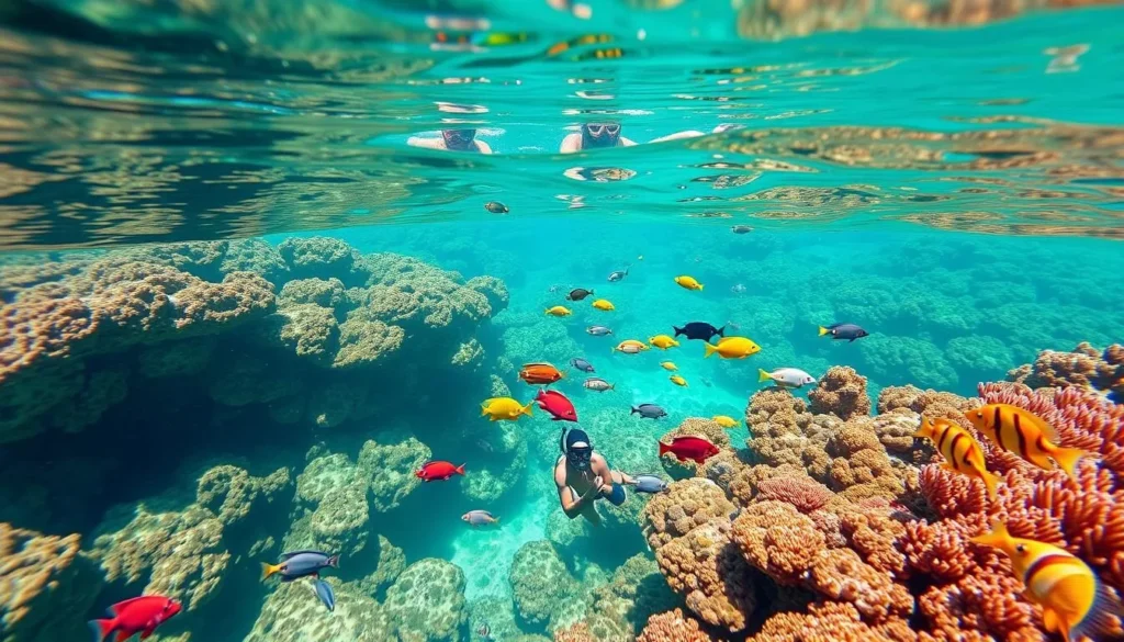Snorkelers exploring coral reefs near Pain de Sucre beach with colorful fish