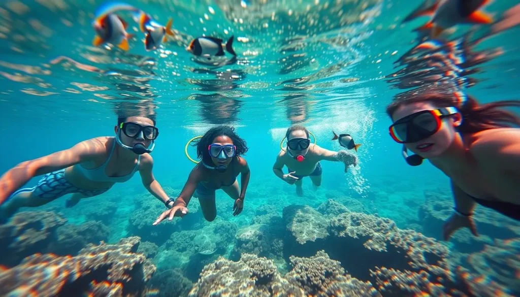Snorkelers exploring coral reefs off Montserrat's coast with clear blue water