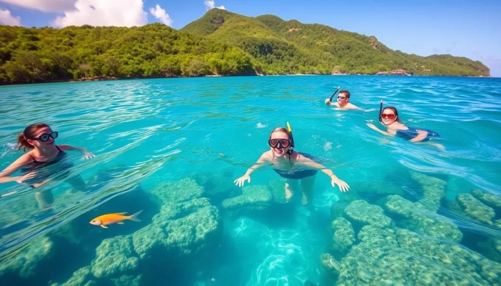 Snorkelers exploring coral reefs off the coast of Choiseul with tropical fish