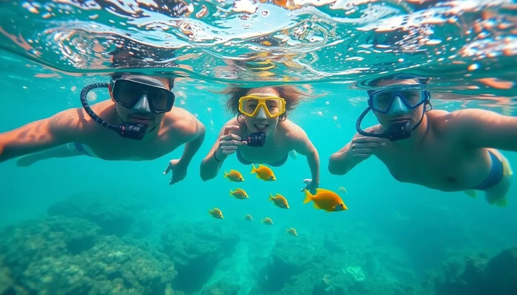 Snorkelers exploring the clear waters around Easter Island with colorful fish, highlighting water activities in this Easter Island travel guide
