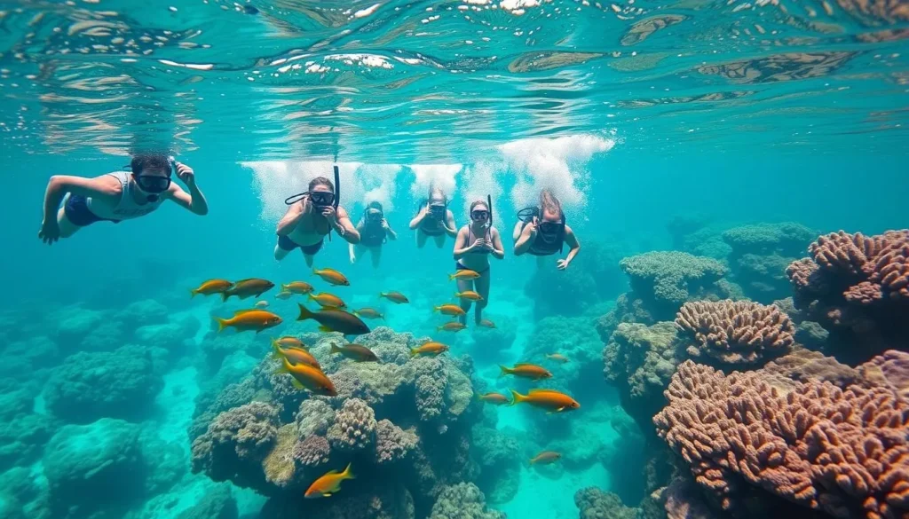 Snorkelers exploring the vibrant coral reefs and marine life around Islas Marietas Snorkelers exploring the vibrant coral reefs and marine life around Islas Marietas