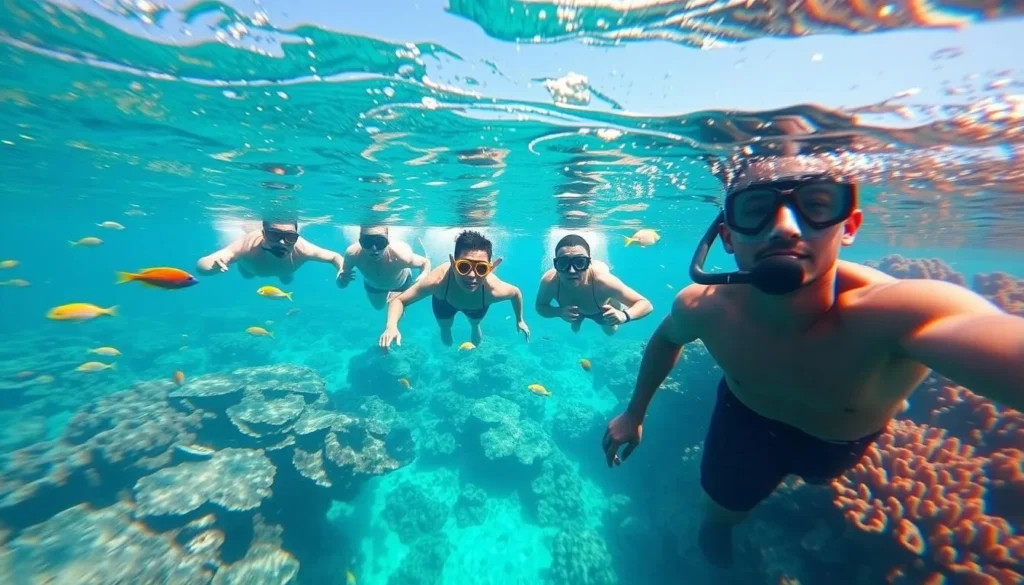Snorkelers exploring vibrant coral reefs around Balut Island with colorful fish