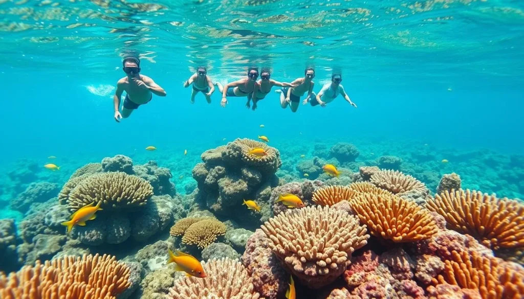 Snorkelers observing colorful coral reef and fish at Balicasag Marine Sanctuary