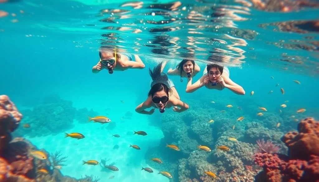 Snorkelers swimming with colorful fish at Manchones Reef near Isla Mujeres Snorkelers swimming with colorful fish at Manchones Reef near Isla Mujeres