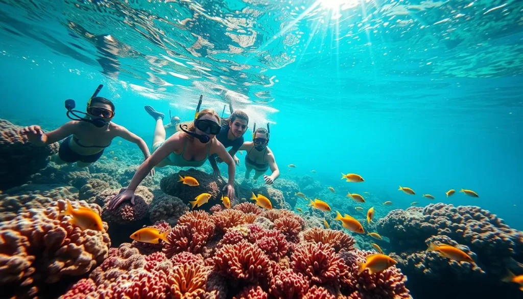 Snorkeling at Dawn Beach St. Martin with colorful coral reef and tropical fish Snorkeling at Dawn Beach St. Martin with colorful coral reef and tropical fish
