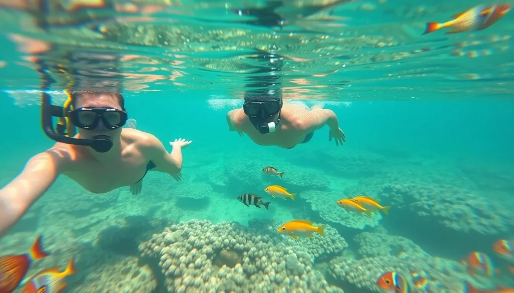 Snorkeling in clear waters near Les Cayes showing coral and fish