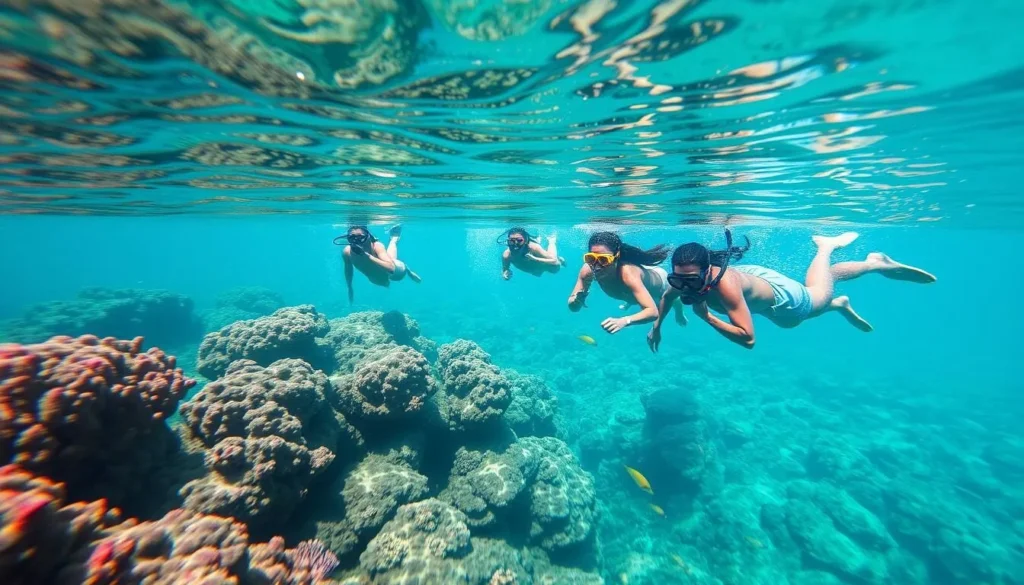 Snorkeling in crystal clear waters around Terre-de-Bas Island with colorful coral and fish