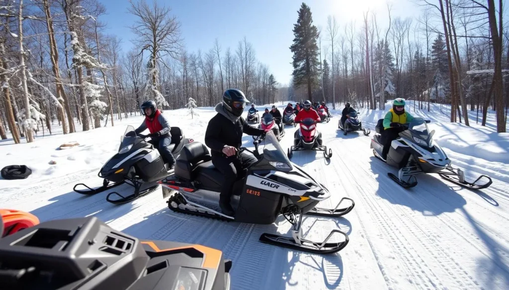 Snowmobiling trails at Laurel Ridge State Park with riders enjoying winter scenery Snowmobiling trails at Laurel Ridge State Park with riders enjoying winter scenery