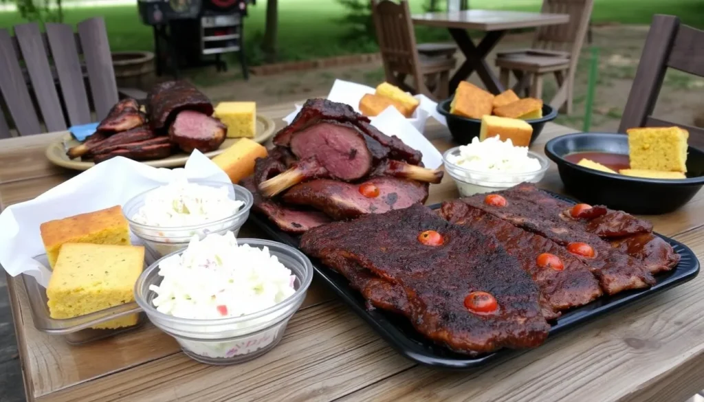 Southern Illinois barbecue spread with smoked meats and traditional sides