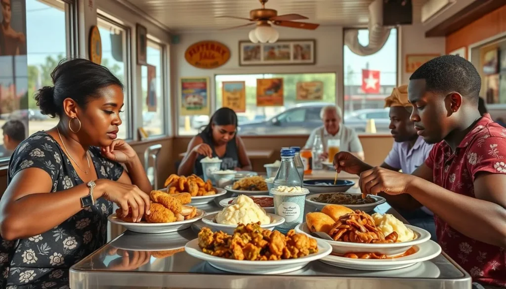 Southern comfort food being served at a local Cairo diner with diverse patrons enjoying their meal Southern comfort food being served at a local Cairo diner with diverse patrons enjoying their meal
