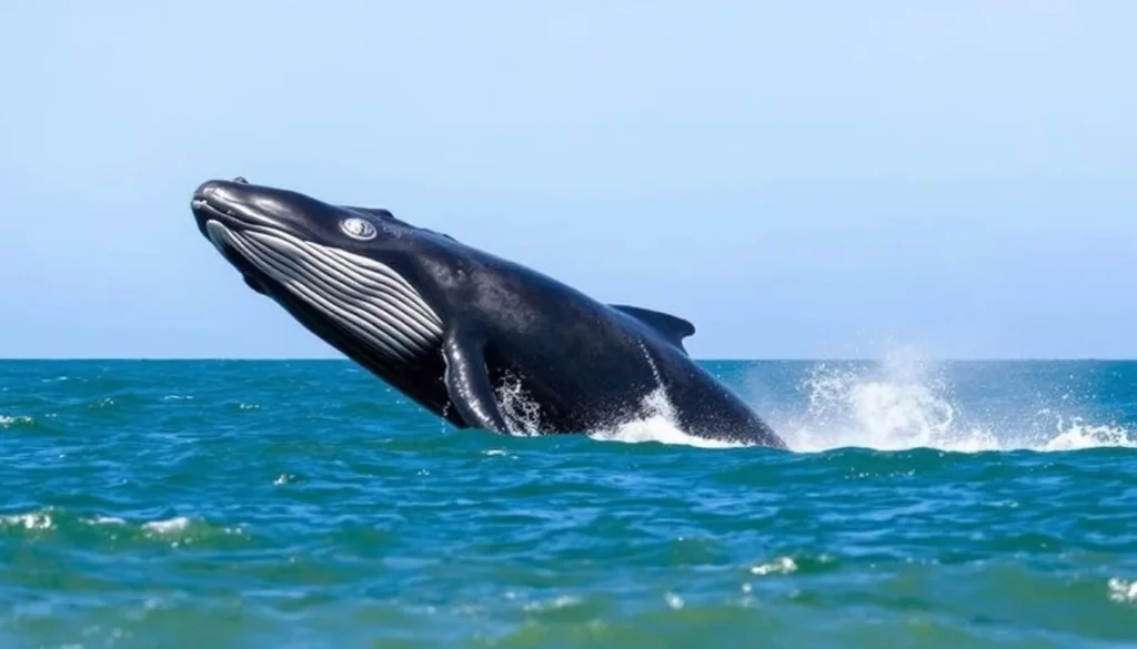 Southern right whale breaching near Logan's Beach during whale watching season in Warrnambool