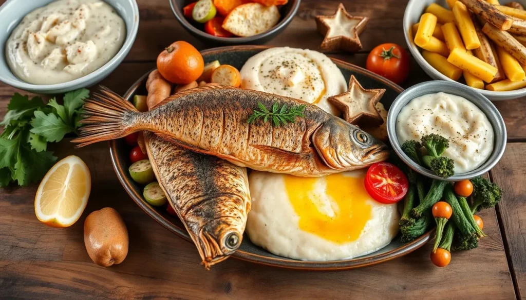 Southern style meal with fresh fish, grits, and vegetables