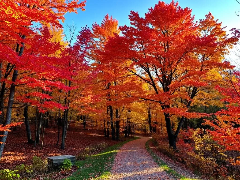 Spectacular fall foliage at Franklin Creek State Park with vibrant red and orange trees lining hiking paths