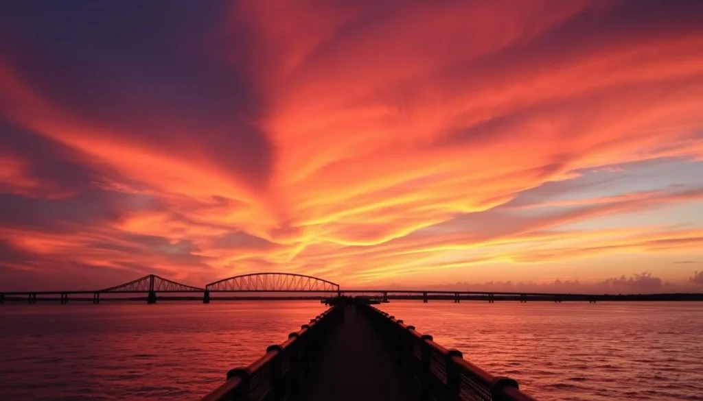 Spectacular sunset view from Skyway Fishing Pier with the Sunshine Skyway Bridge silhouette Spectacular sunset view from Skyway Fishing Pier with the Sunshine Skyway Bridge silhouette