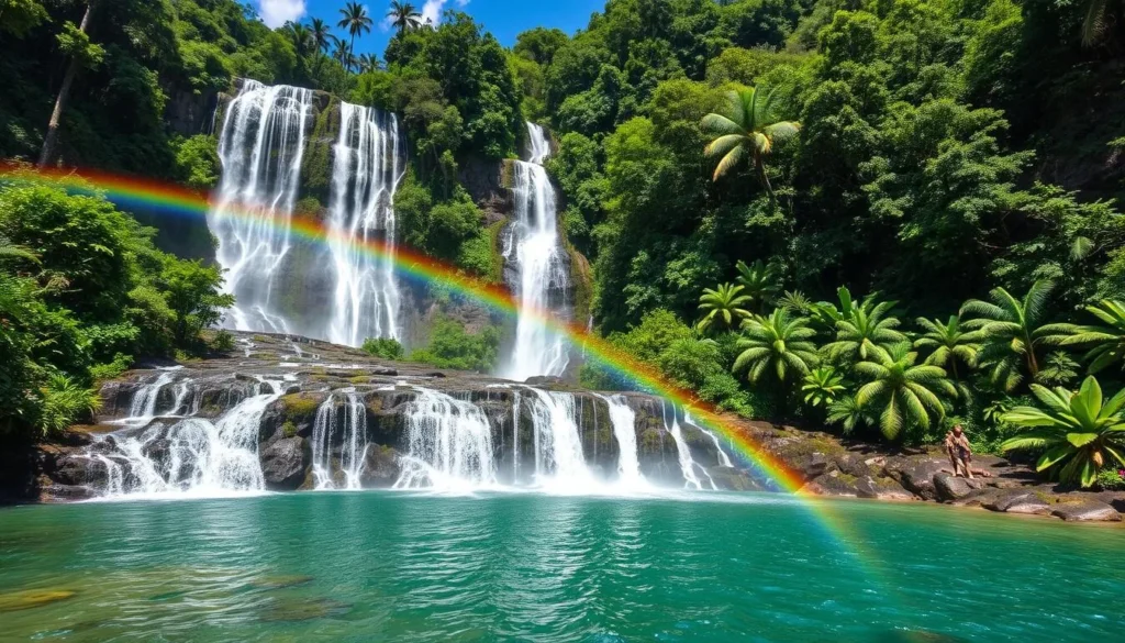 Spectacular waterfall cascading down Mount Shiriri's slopes surrounded by pristine rainforest