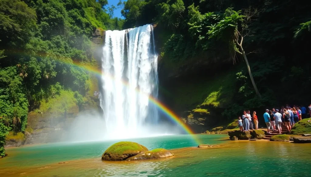 Spectacular waterfall in the Acarai Mountains with rainbow visible in the mist