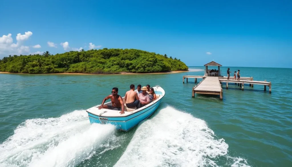 Speedboat approaching Leguan Island stelling (dock) with passengers