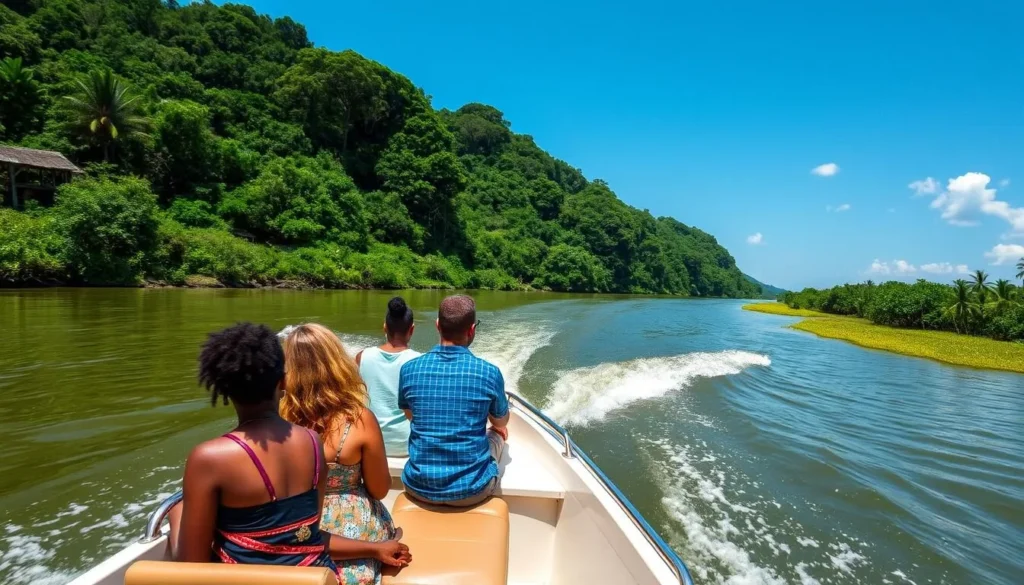 Speedboat traveling on the Essequibo River toward Tiger Island with passengers enjoying the scenery