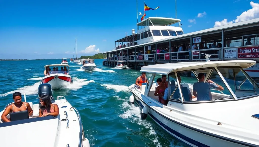 Speedboats at Parika stelling with passengers boarding for island destinations
