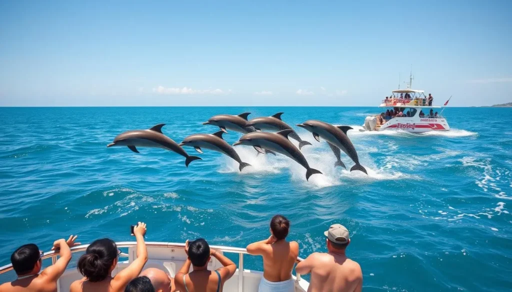 Spinner dolphins jumping near a tour boat on the way to Balicasag Island