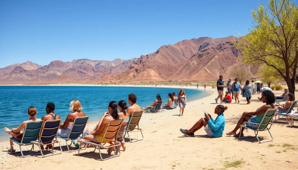 Spring at Lake Mead showing pleasant weather conditions with visitors enjoying the shoreline Spring at Lake Mead showing pleasant weather conditions with visitors enjoying the shoreline