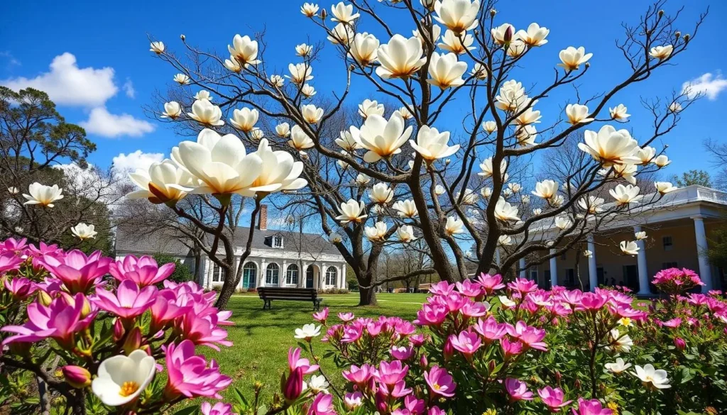 Spring blooms and magnolia trees at Cane River Creole National Historical Park