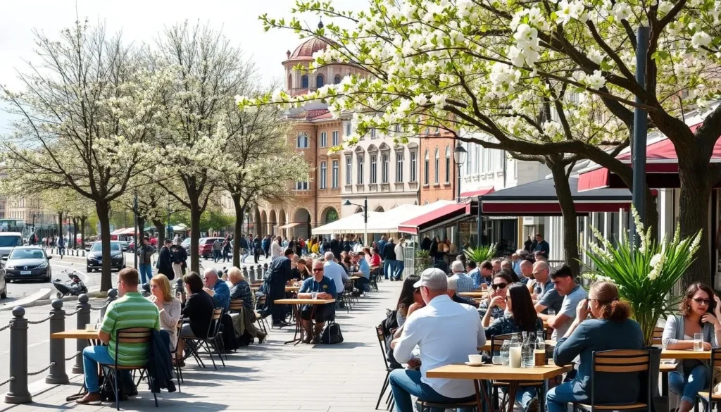 Spring blossoms in Osijek with people enjoying outdoor cafes along the promenade Spring blossoms in Osijek with people enjoying outdoor cafes along the promenade