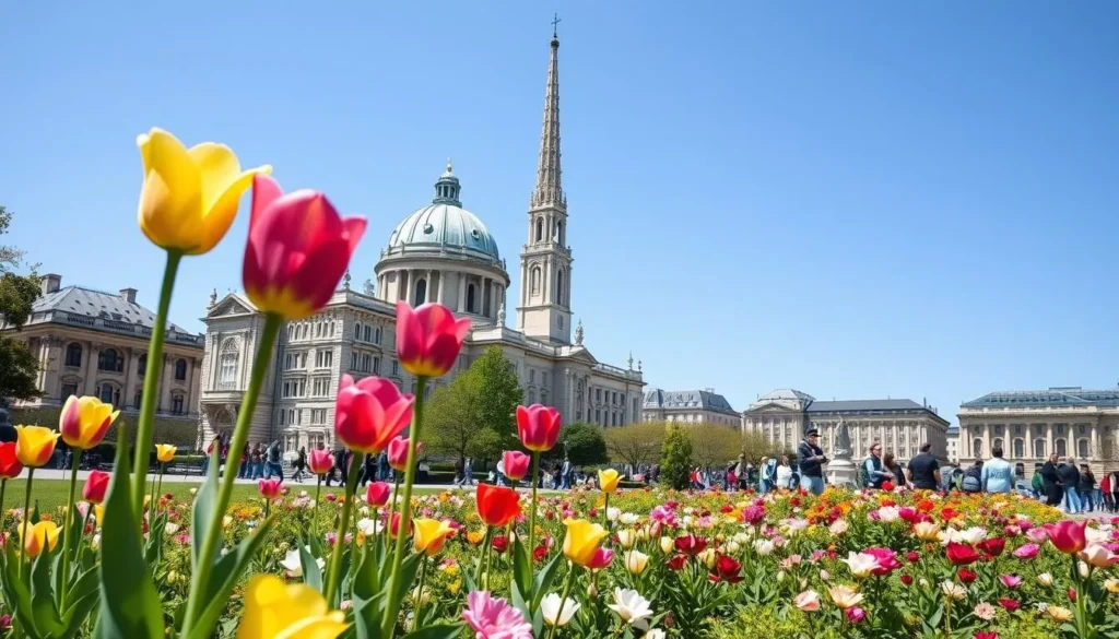 Spring in Vienna with blooming flowers in Volksgarten and St. Stephen's Cathedral in the background